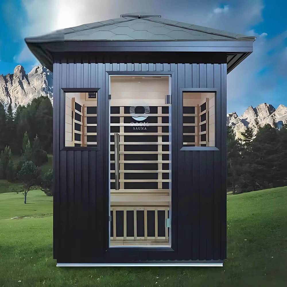 Gable-Roof Outdoor Sauna Cabin with Black Exterior CSA-690 Door and glass