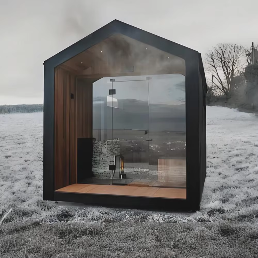 Gable-Roof Outdoor Sauna Cabin with Black Exterior CSA-690 Side profile