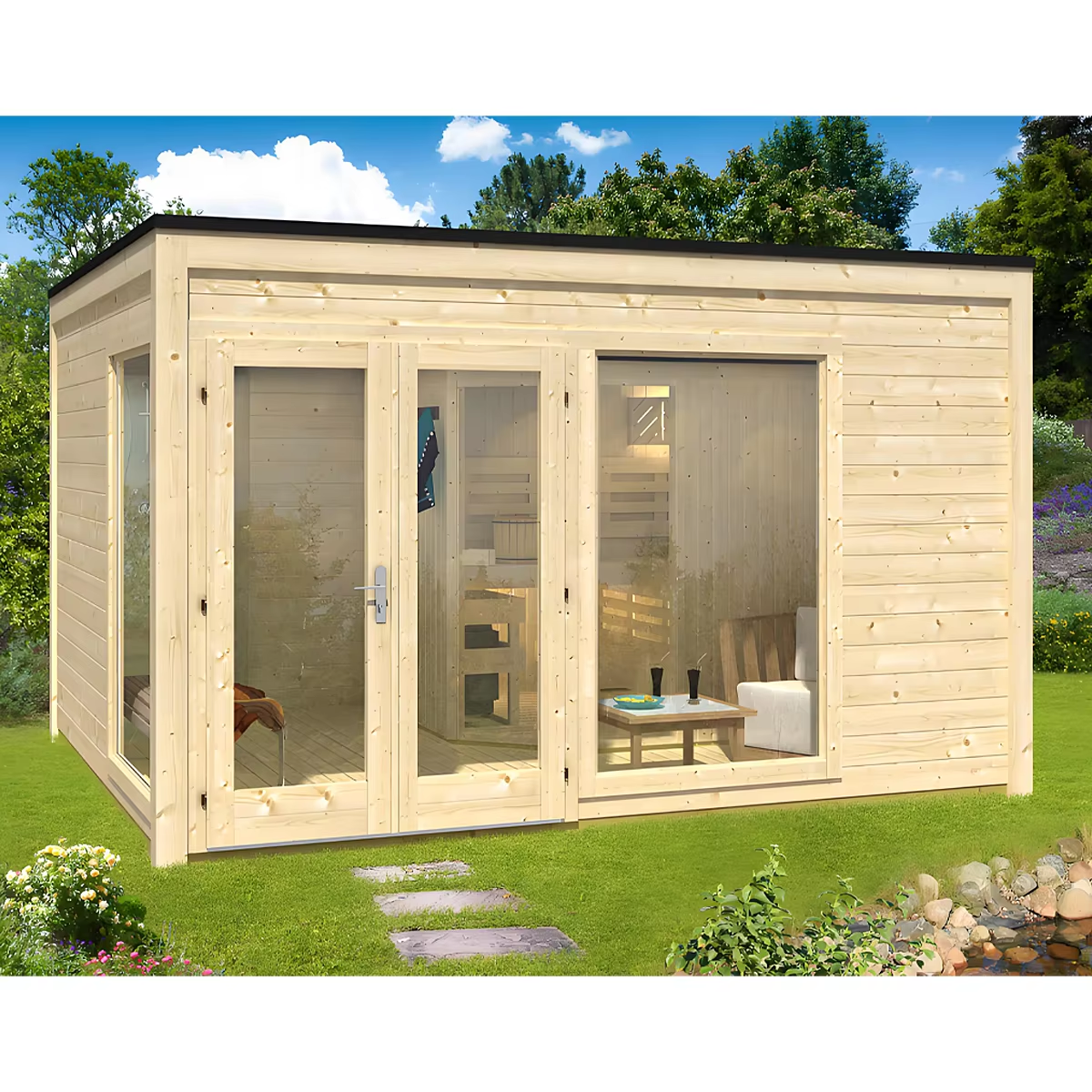 Light-Wood Outdoor Glass Sauna Room for Garden Projects product image