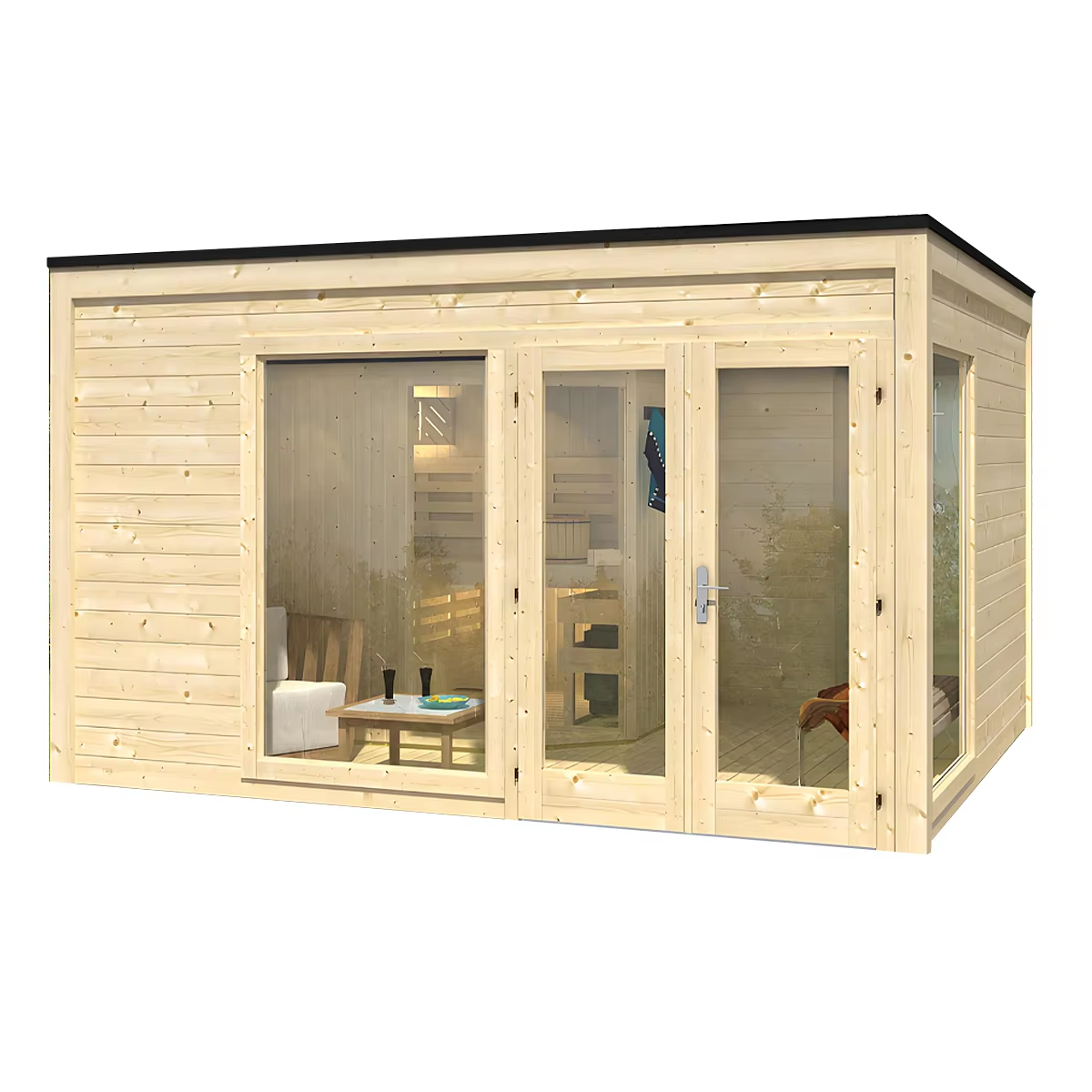 Light-Wood Outdoor Glass Sauna Room for Garden Projects CSA-691 Exterior angle