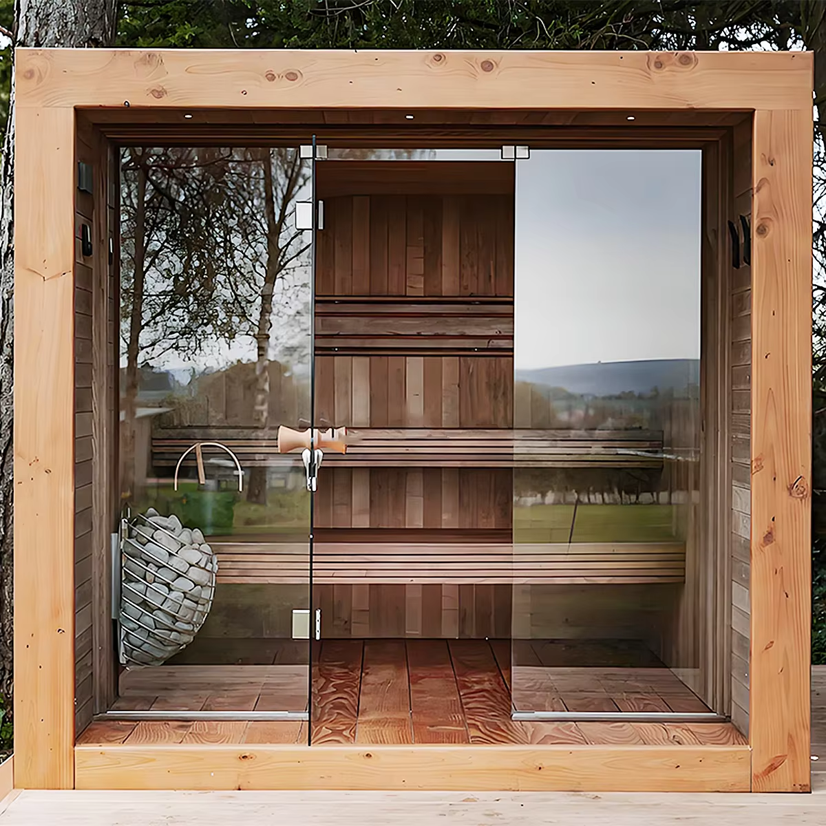 Light-Wood Outdoor Glass Sauna Room for Garden Projects CSA-691 Door and glass