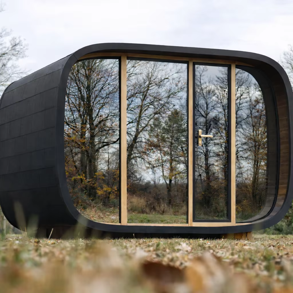 Black Panoramic Outdoor Sauna Pod with Rounded Glass Front CSA-693 Exterior angle