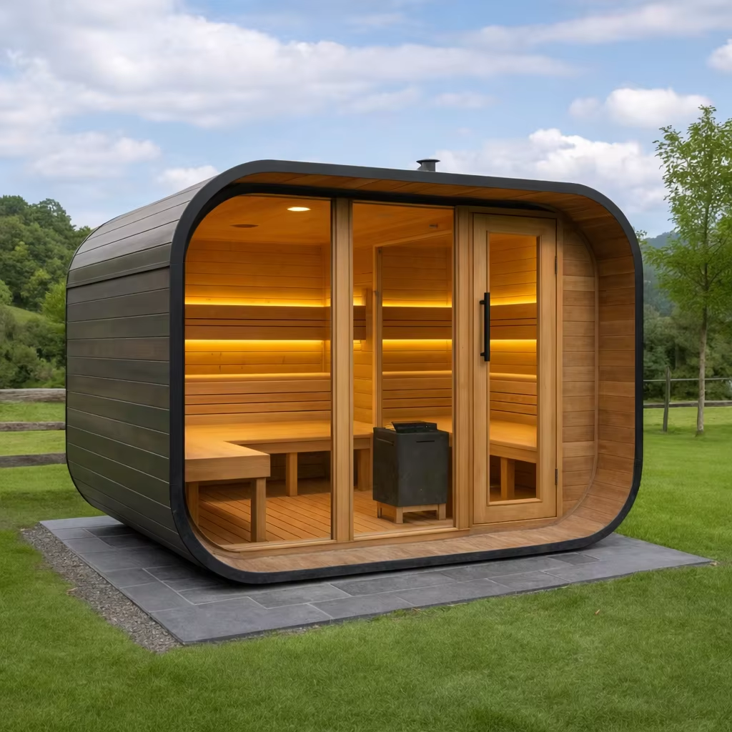 Black Panoramic Outdoor Sauna Pod with Rounded Glass Front CSA-693 Door and glass