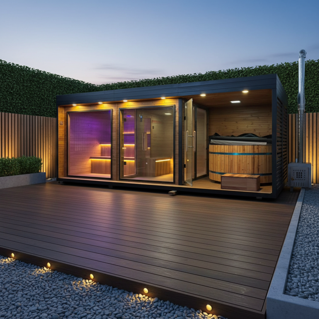 Wide-Front Outdoor Wellness Suite with Sauna and Shower Zones product image
