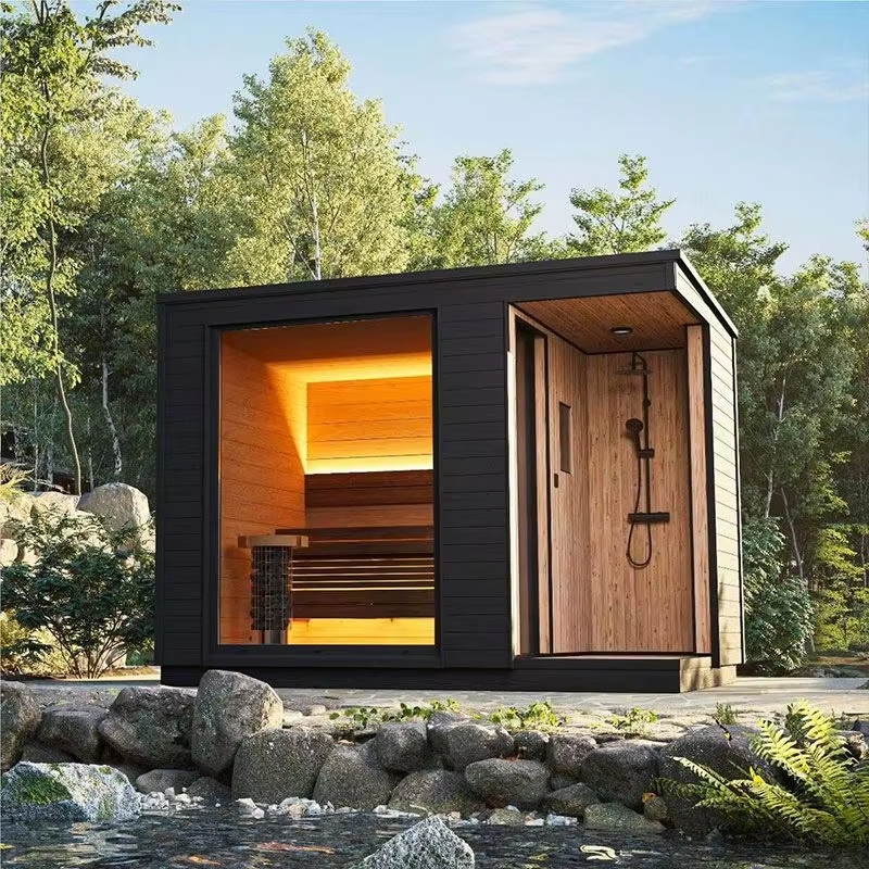 Black Glass Outdoor Cube Sauna with Warm Cedar Interior product image