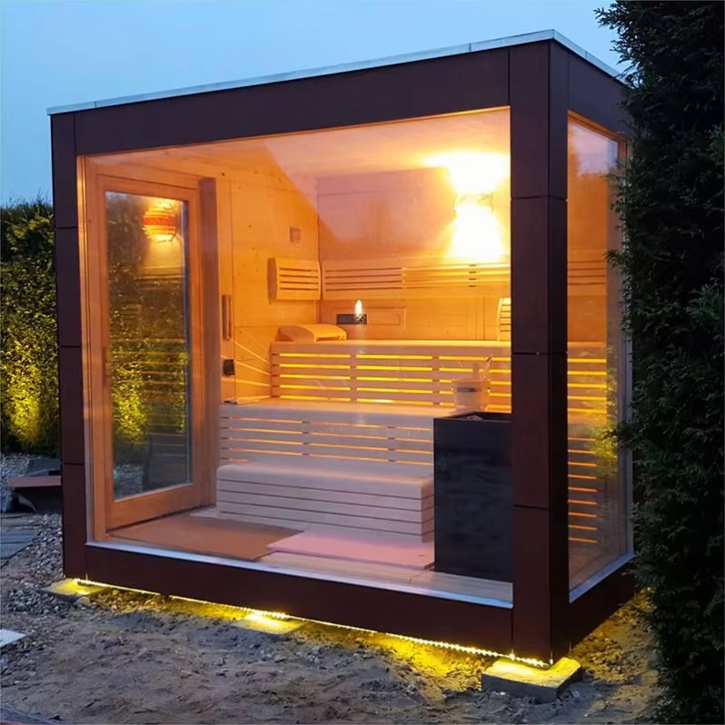 Black Glass Outdoor Cube Sauna with Warm Cedar Interior CSA-695 Exterior angle