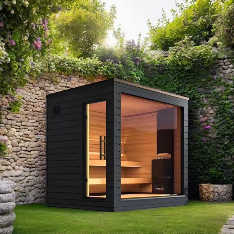 Black Glass Outdoor Cube Sauna with Warm Cedar Interior CSA-695 Interior view