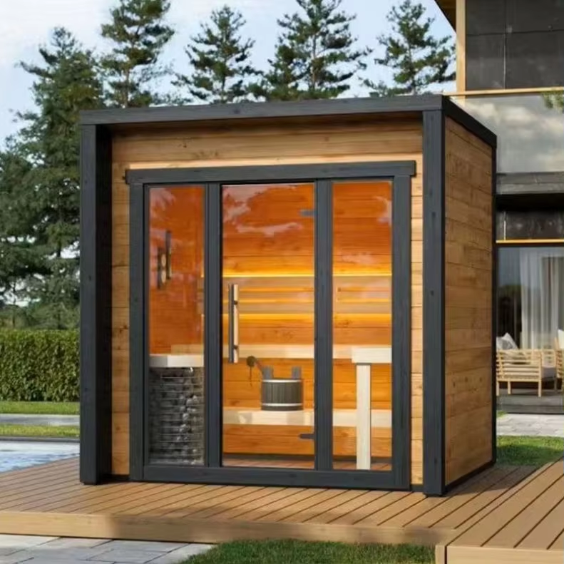 Black Glass Outdoor Cube Sauna with Warm Cedar Interior CSA-695 Side profile