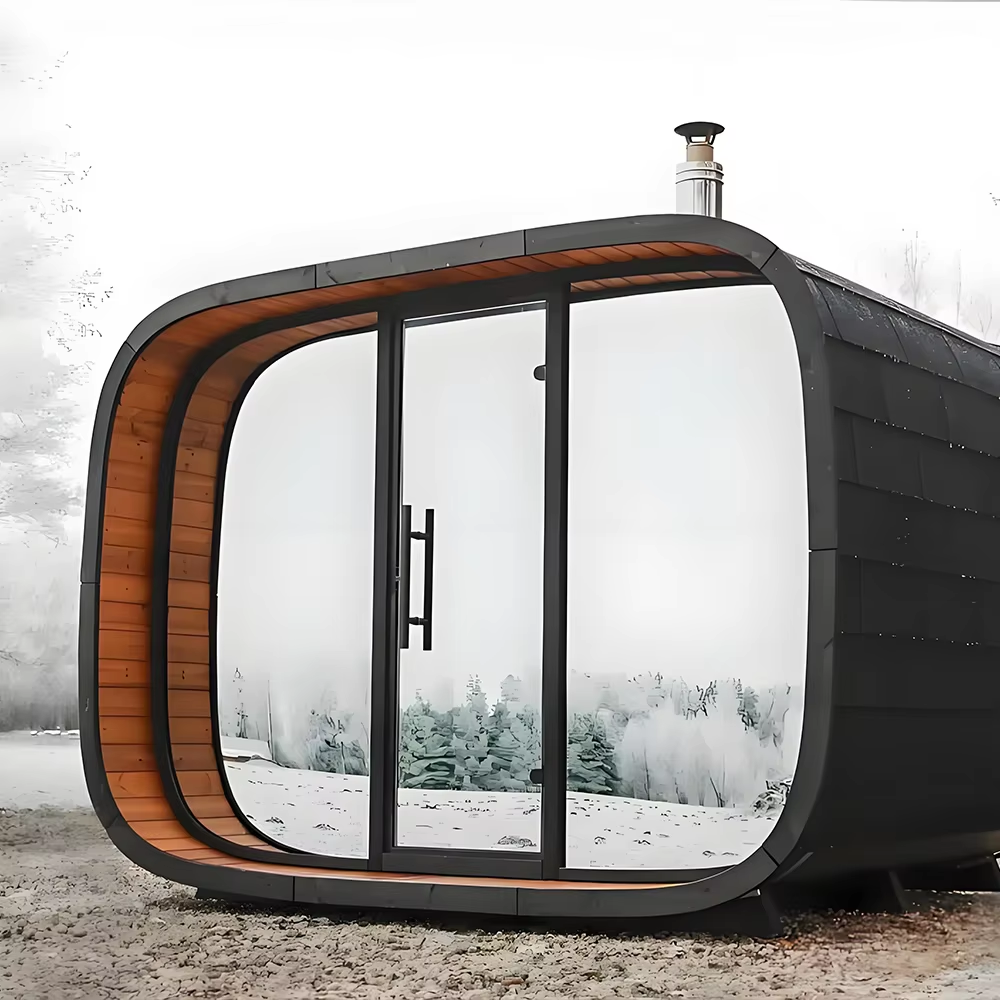 Rounded Glass Outdoor Sauna Pod with Black Exterior Shell product image