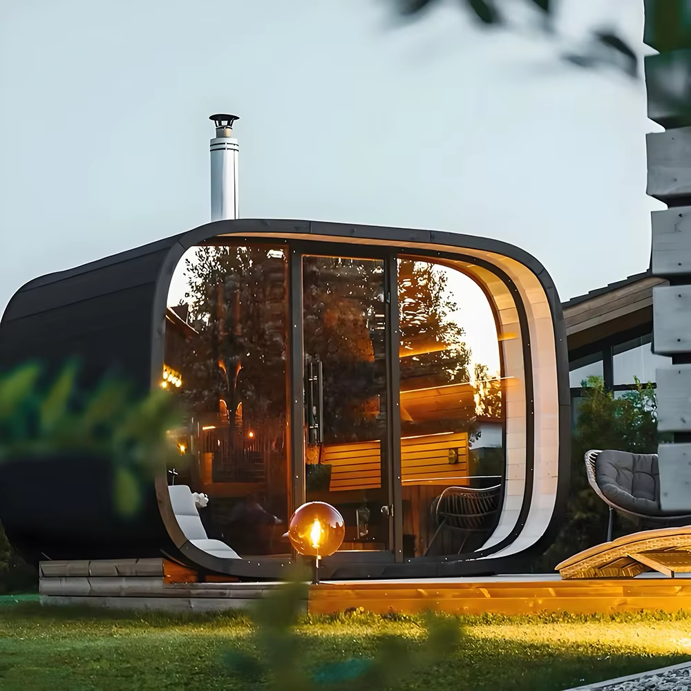 Rounded Glass Outdoor Sauna Pod with Black Exterior Shell CSA-696 Side profile