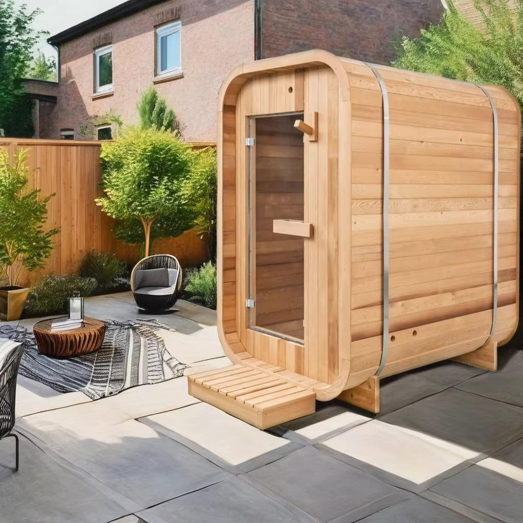 Compact Two Person Cedar Sauna Cabin with Step Entry CSA-699 Exterior angle