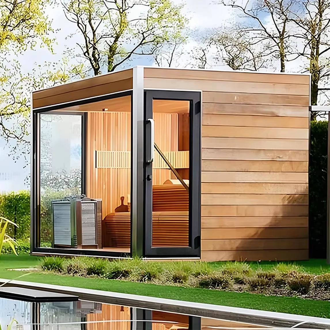 Square Outdoor Glass Sauna Cabin with Custom Finish Options CSA-700 Door and glass