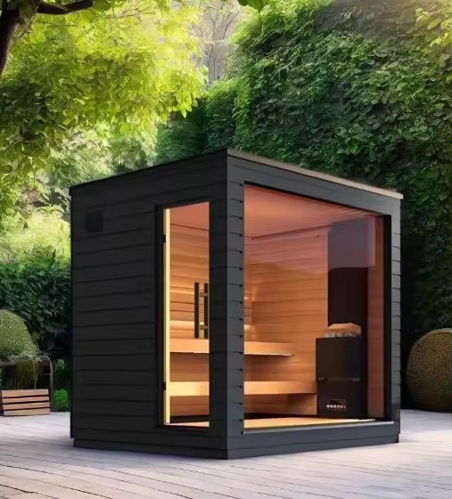 Square Outdoor Glass Sauna Cabin with Custom Finish Options CSA-700 Side profile