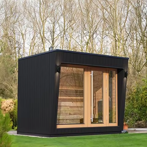 Black Outdoor Glass Front Sauna Cabin with Interior Lighting product image