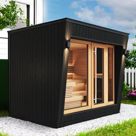 Black Outdoor Glass Front Sauna Cabin with Interior Lighting CSA-701 reference view 2