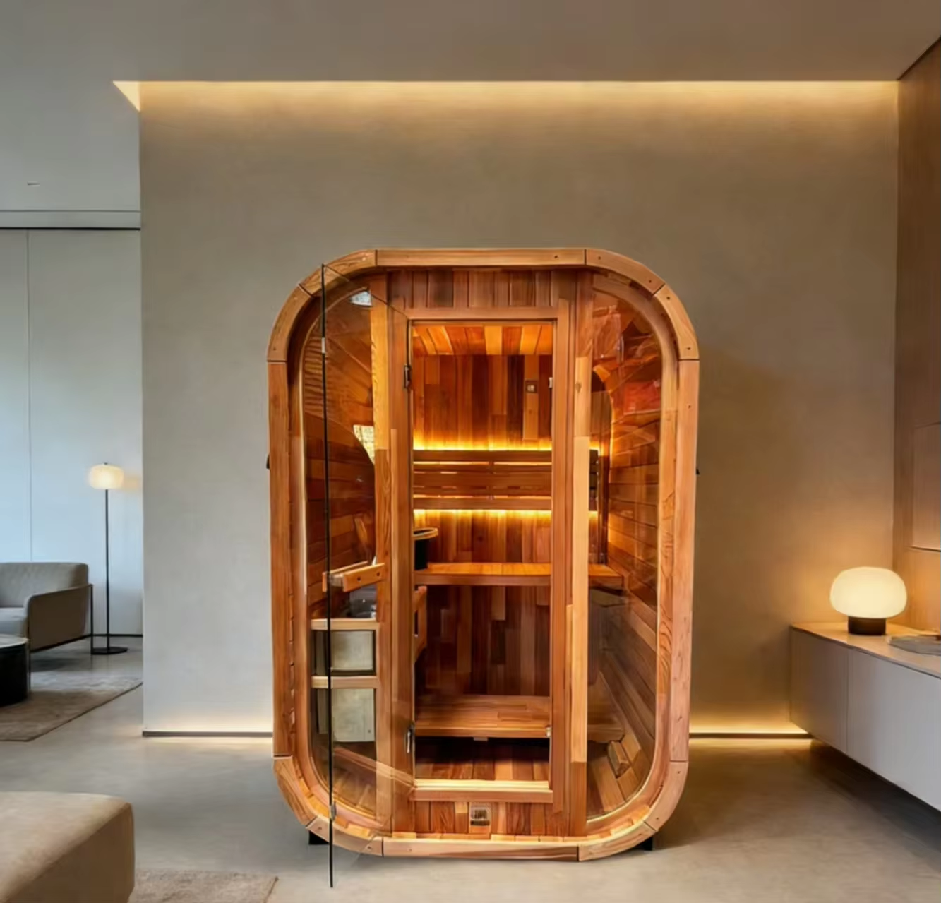 Warm Wood Rounded Sauna Pod with LED Bench Detail product image
