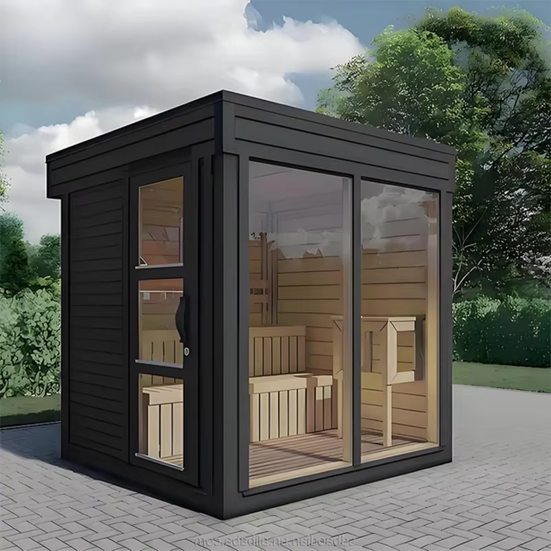 Black Corner Glass Outdoor Sauna Room with Side Door product image