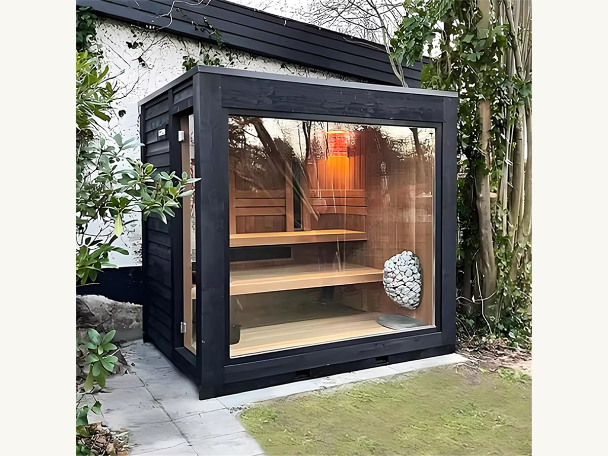 Black Glass Outdoor Sauna Cabin with Shower-Side Layout product image