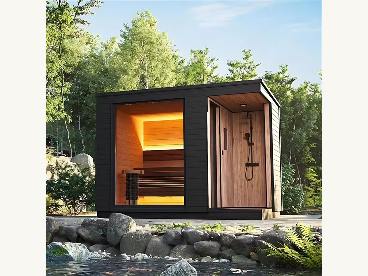 Black Glass Outdoor Sauna Cabin with Shower-Side Layout CSA-710 reference view 2