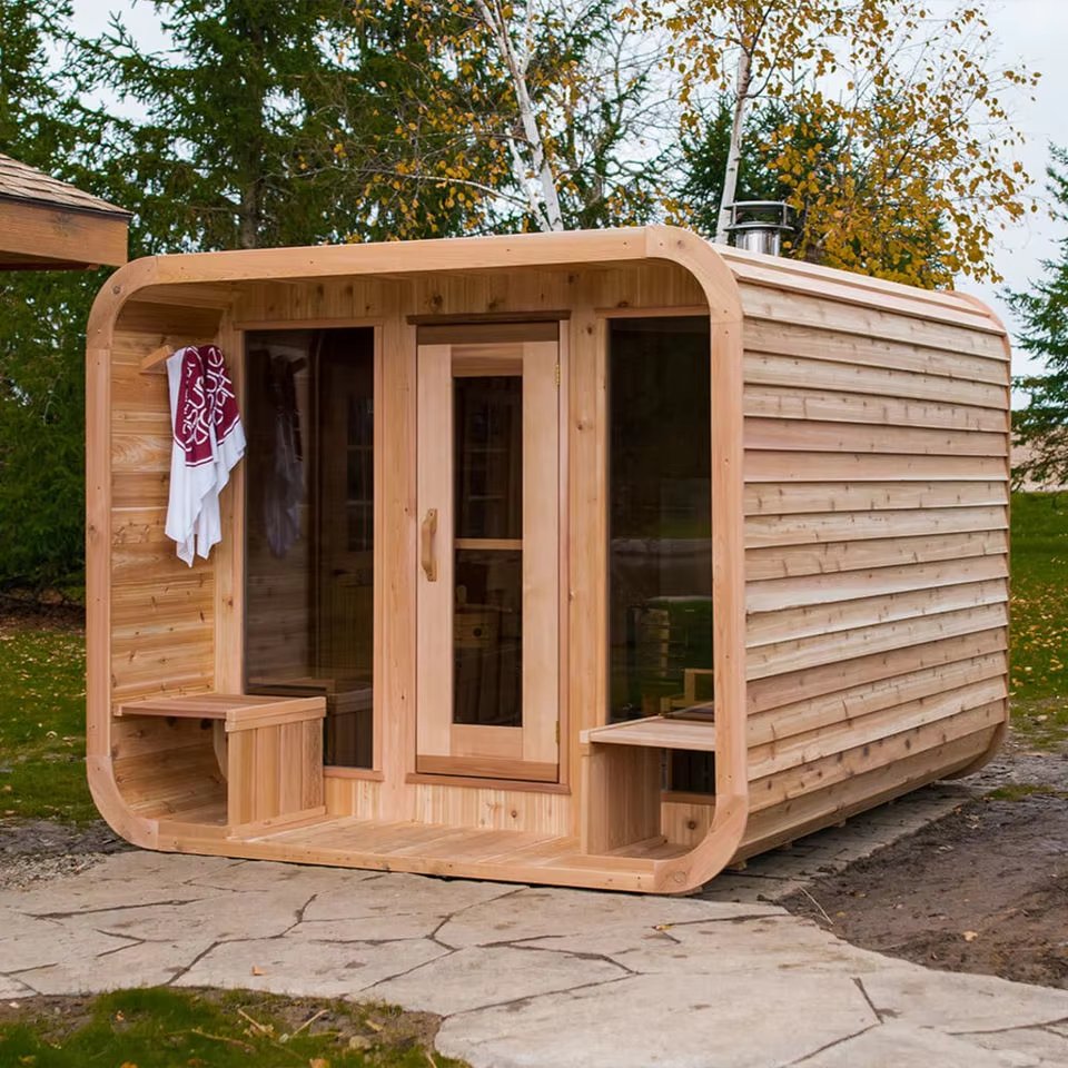 Light Wood Rounded Corner Outdoor Sauna Cabin product image