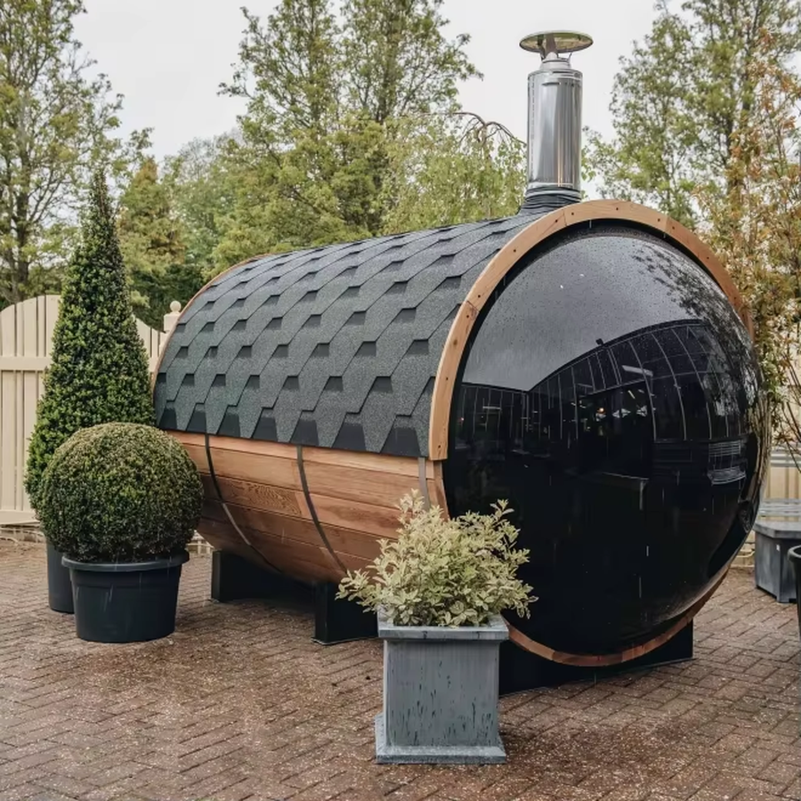 Wood-Fired Outdoor Barrel Sauna with Black Panoramic Glass product image