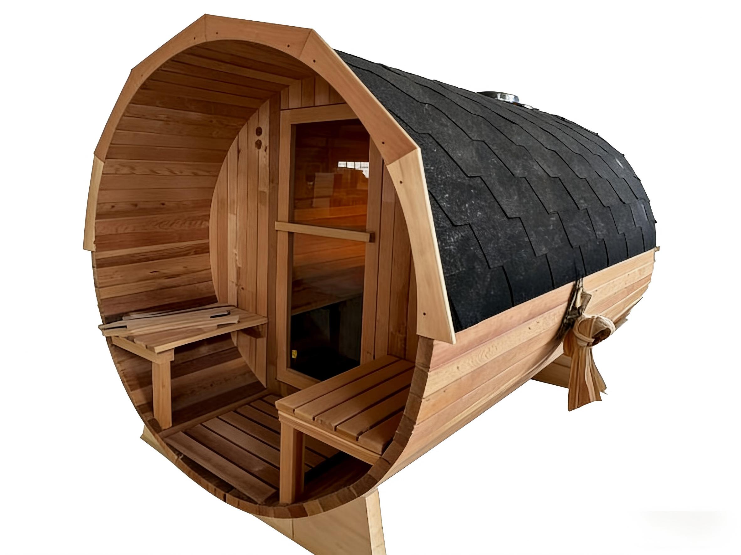 Arched Outdoor Barrel Sauna with Front Porch Benches product image