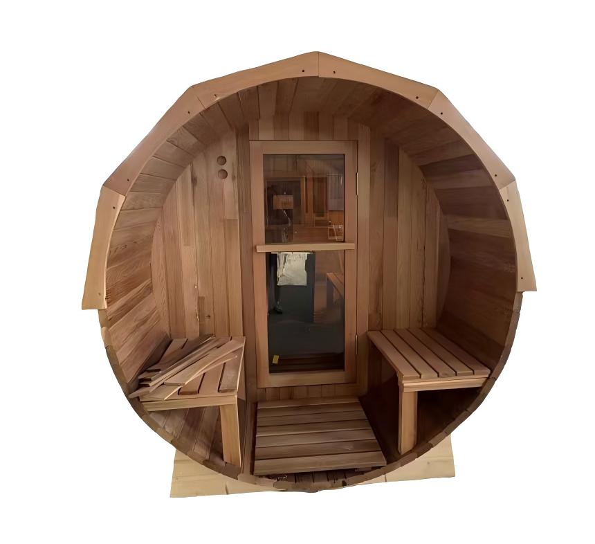 Arched Outdoor Barrel Sauna with Front Porch Benches CSA-750 reference view 2