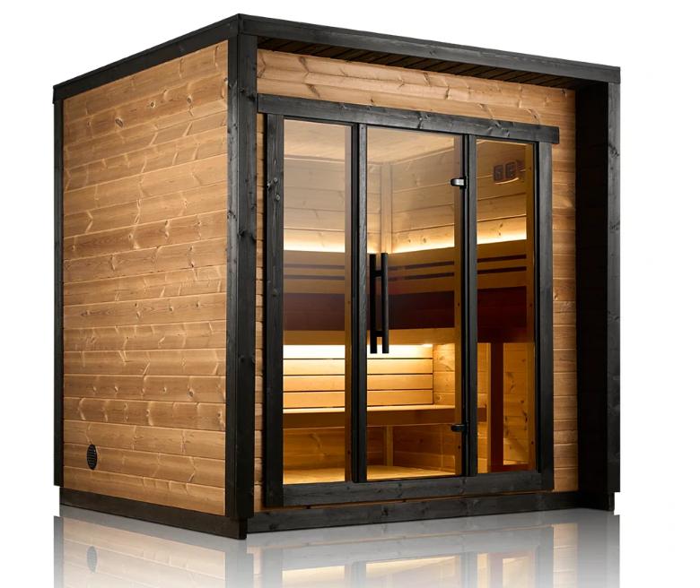 Compact Black Glass Cube Sauna Room with Wood Interior product image