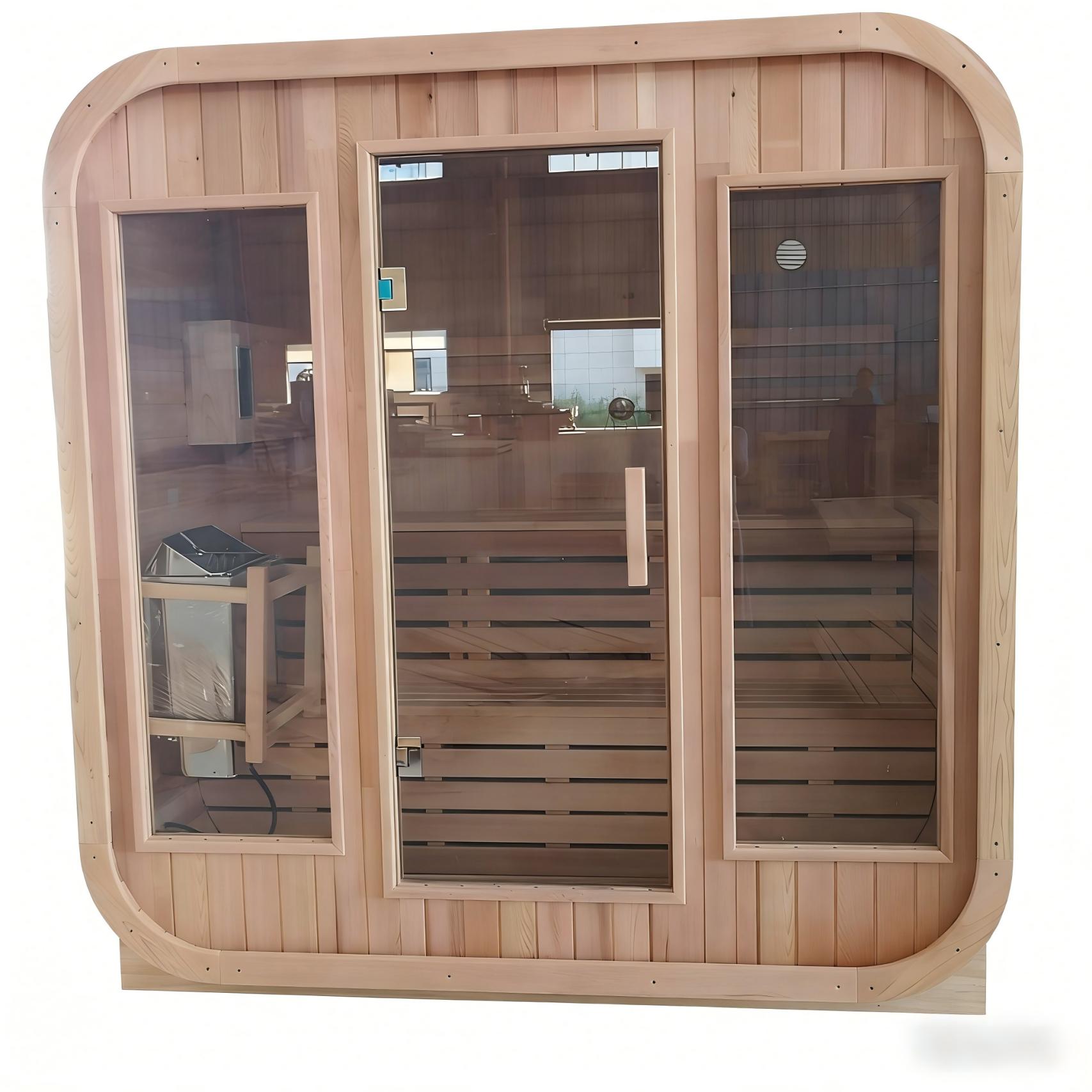 Rounded Rectangular Light Wood Sauna Room with Double Glass Door CSA-760 reference view 2
