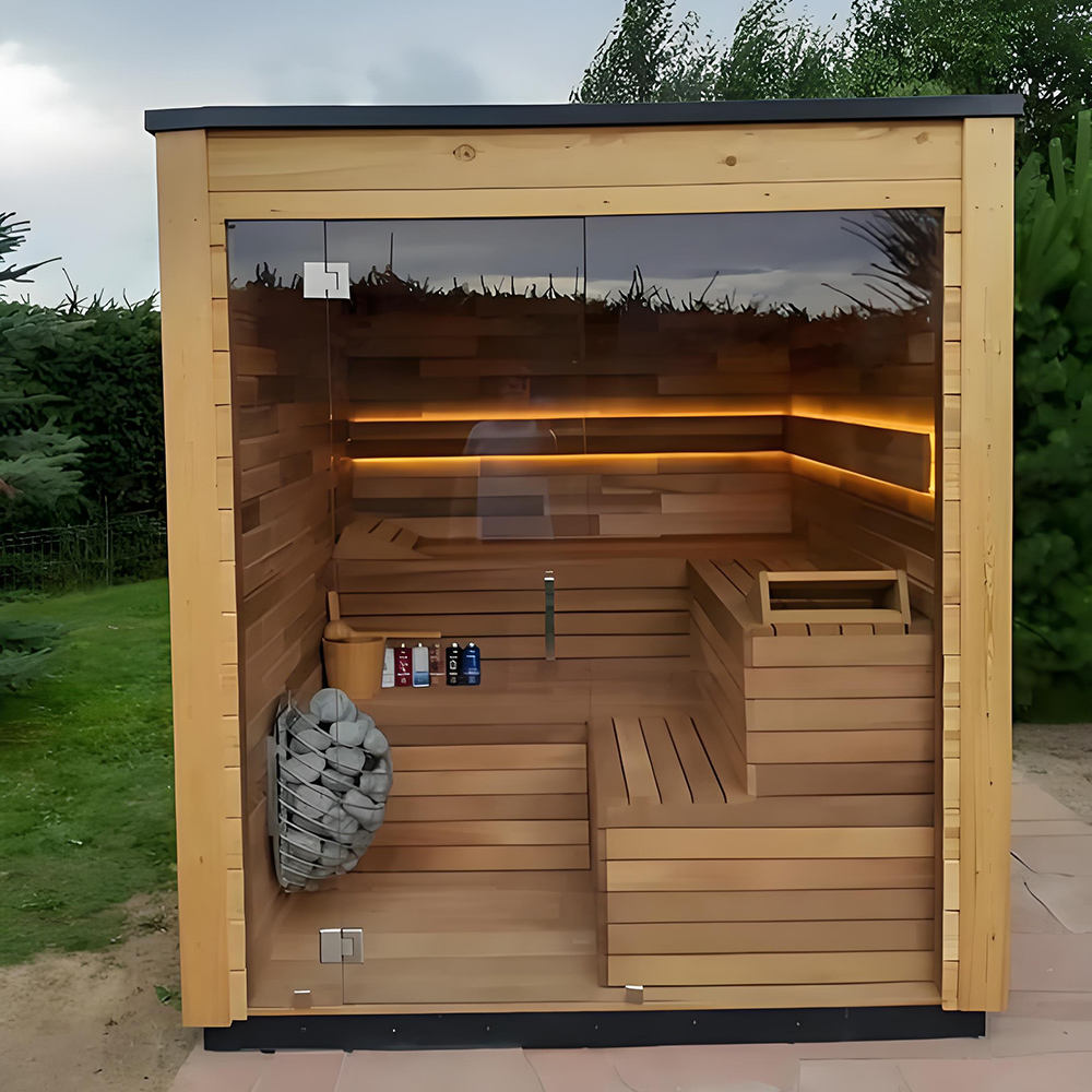 Modern Flat Roof Outdoor Cube Sauna Cabin with Glass Front product image