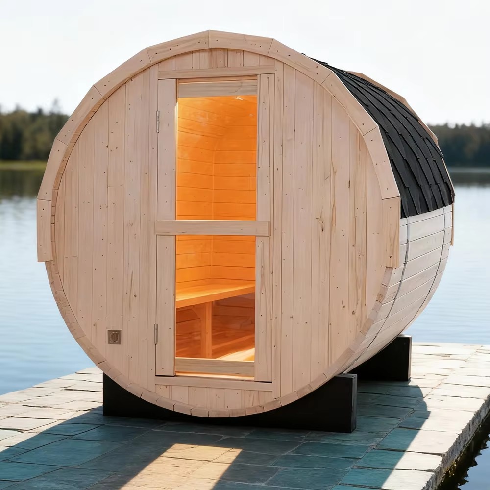Light Wood Panoramic Barrel Sauna with Shingle Roof product image