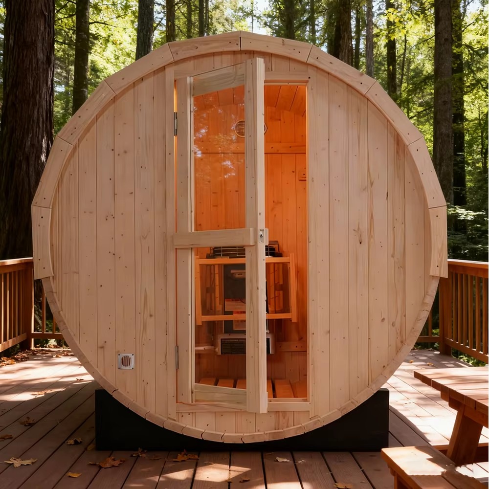 Light Wood Panoramic Barrel Sauna with Shingle Roof CSA-762 reference view 2