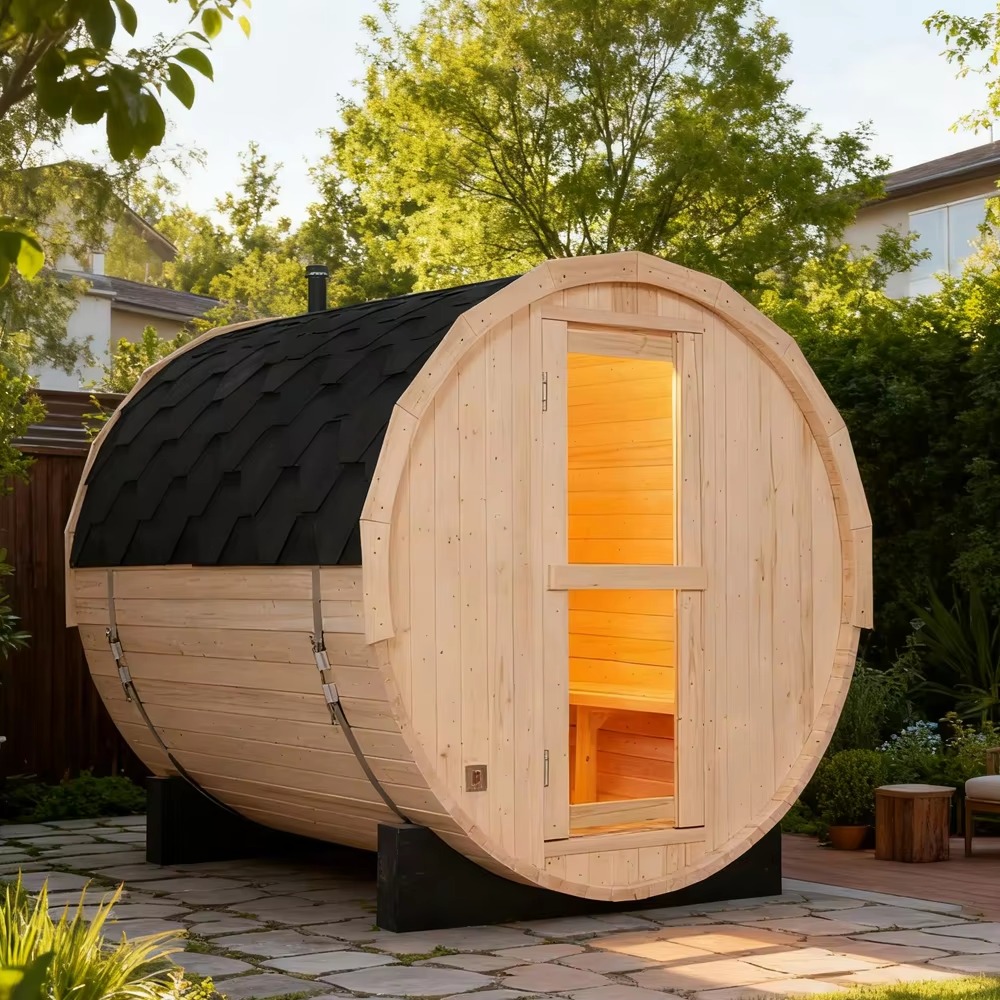 Light Wood Panoramic Barrel Sauna with Shingle Roof CSA-762 reference view 3