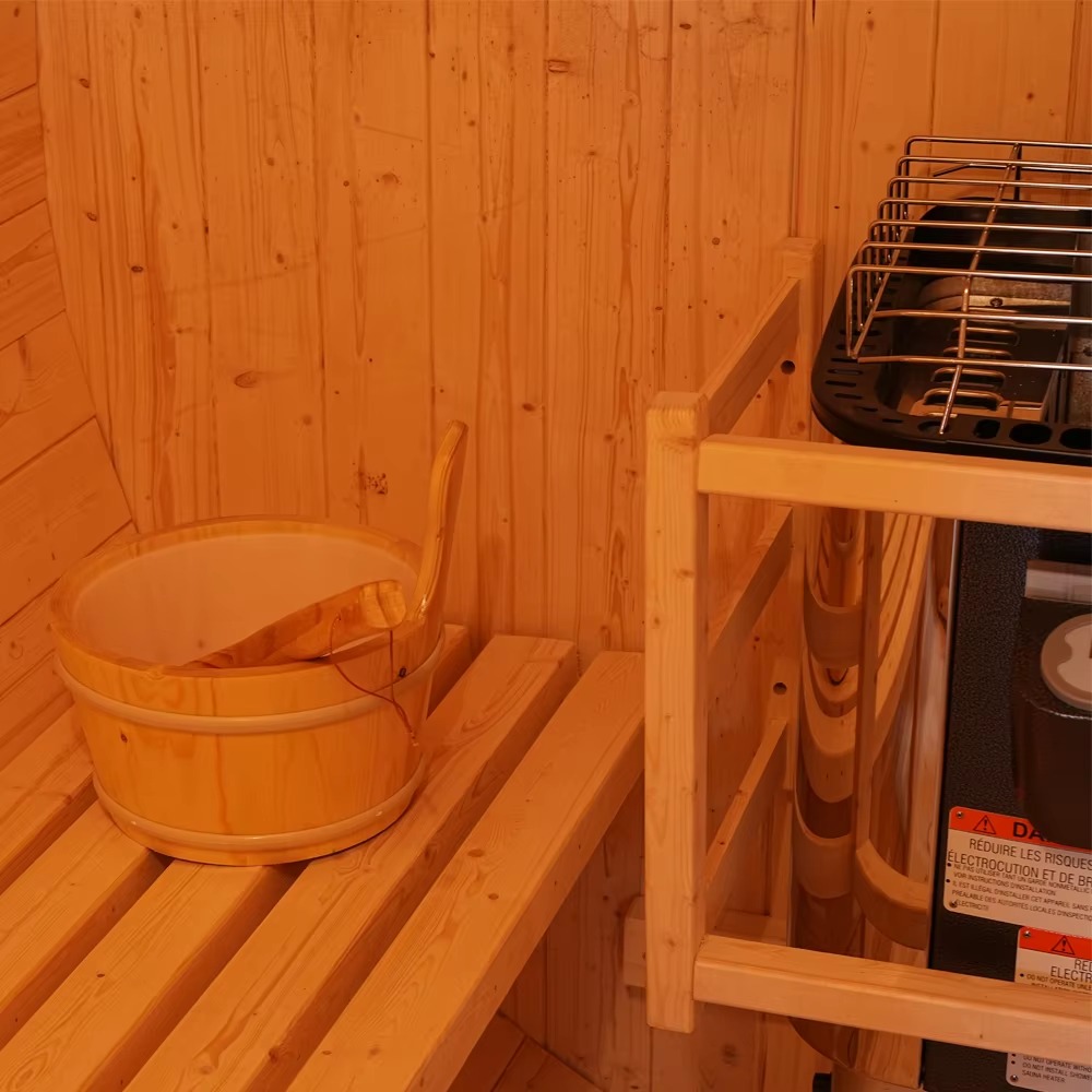 Light Wood Panoramic Barrel Sauna with Shingle Roof CSA-762 reference view 4