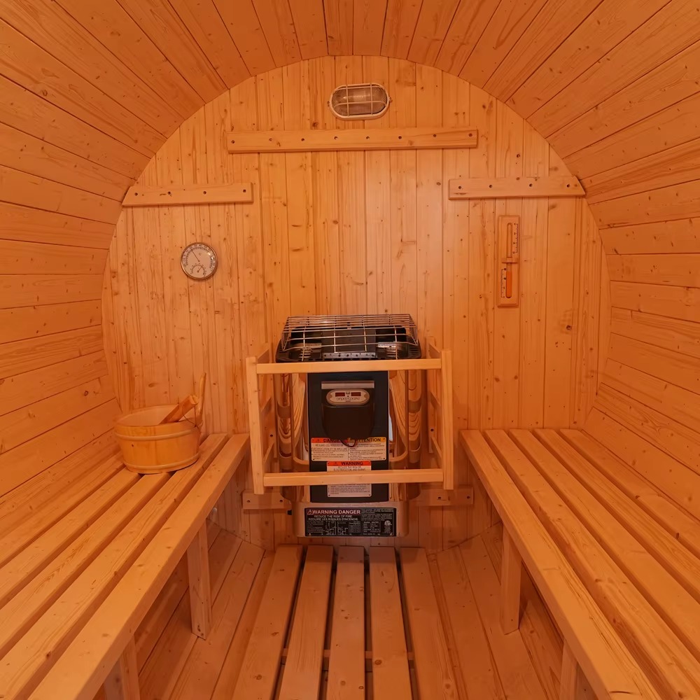 Light Wood Panoramic Barrel Sauna with Shingle Roof CSA-762 reference view 5