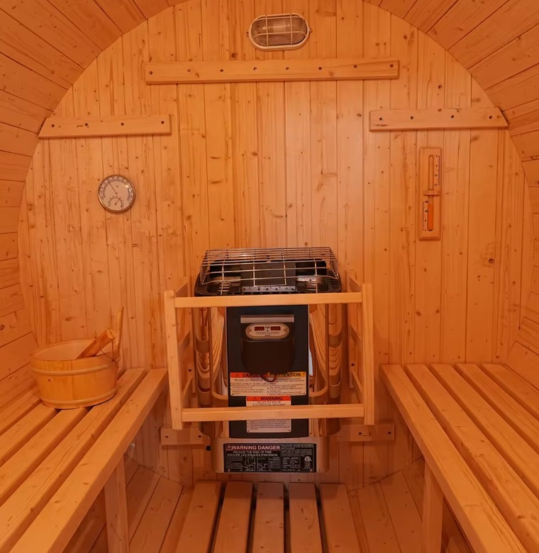 Light Wood Panoramic Barrel Sauna with Shingle Roof CSA-762 reference view 6