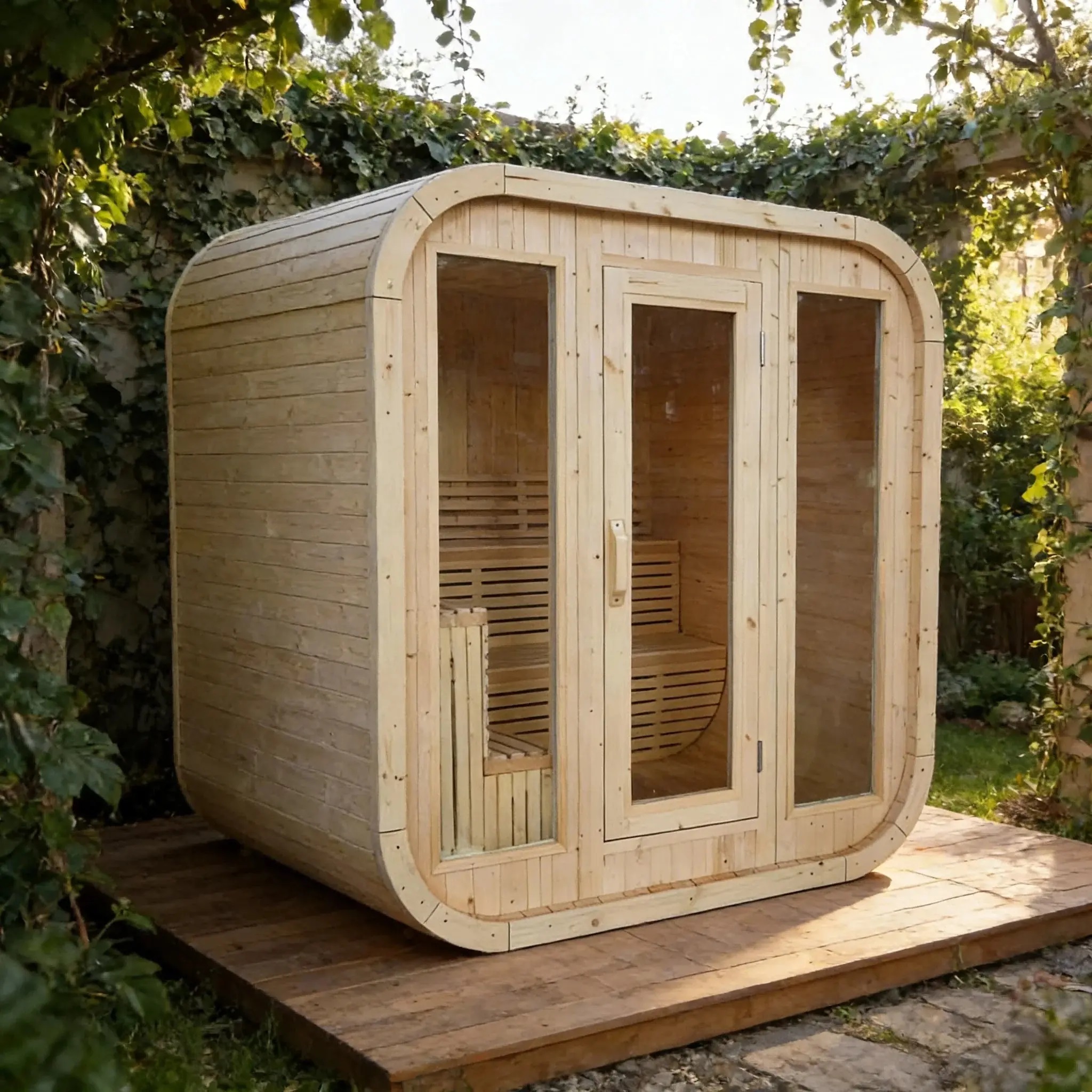 White Pine Rounded Cube Outdoor Sauna Cabin CSA-765 reference view 2