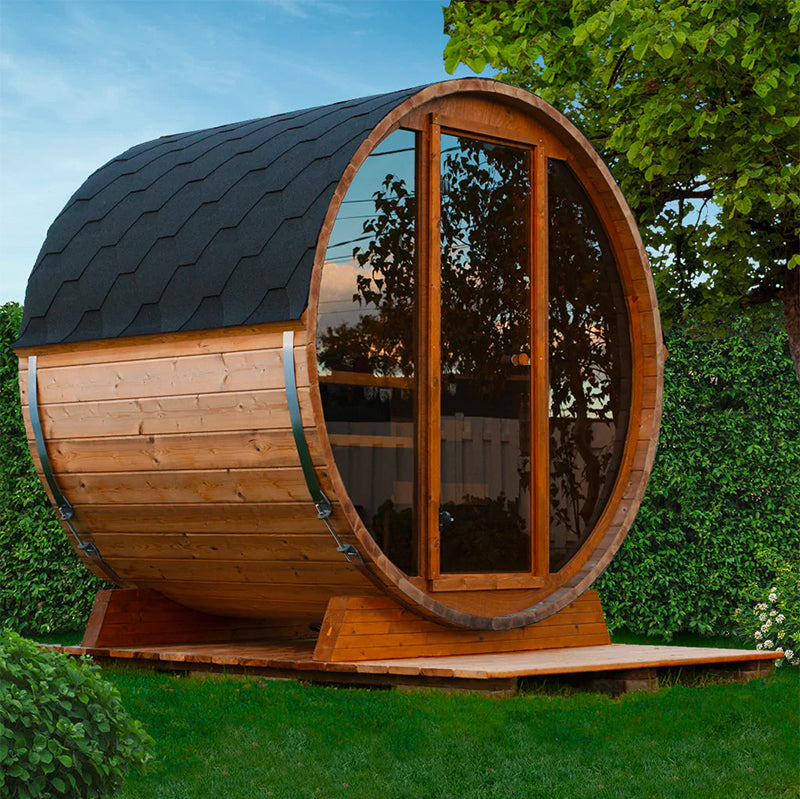 Compact Cedar Barrel Sauna with Panoramic Glass Front product image