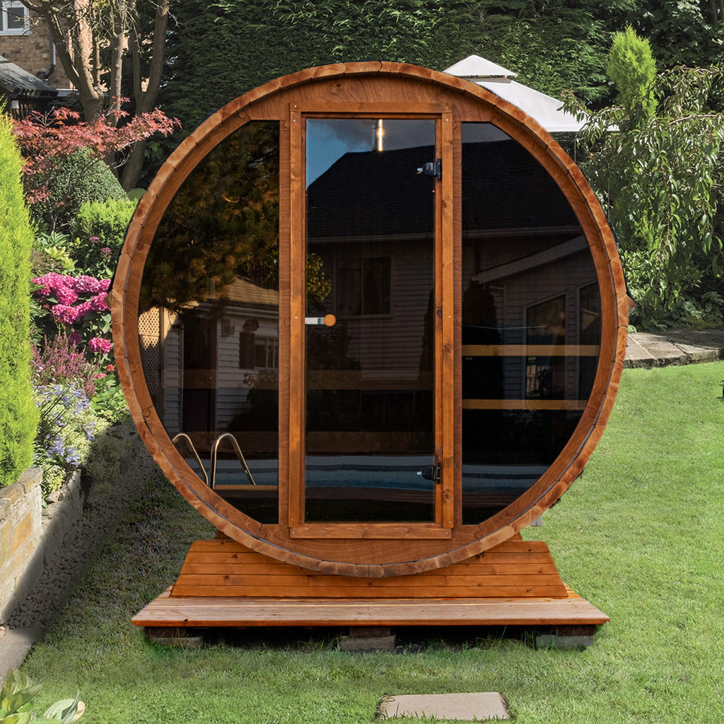Compact Cedar Barrel Sauna with Panoramic Glass Front CSA-768 reference view 2
