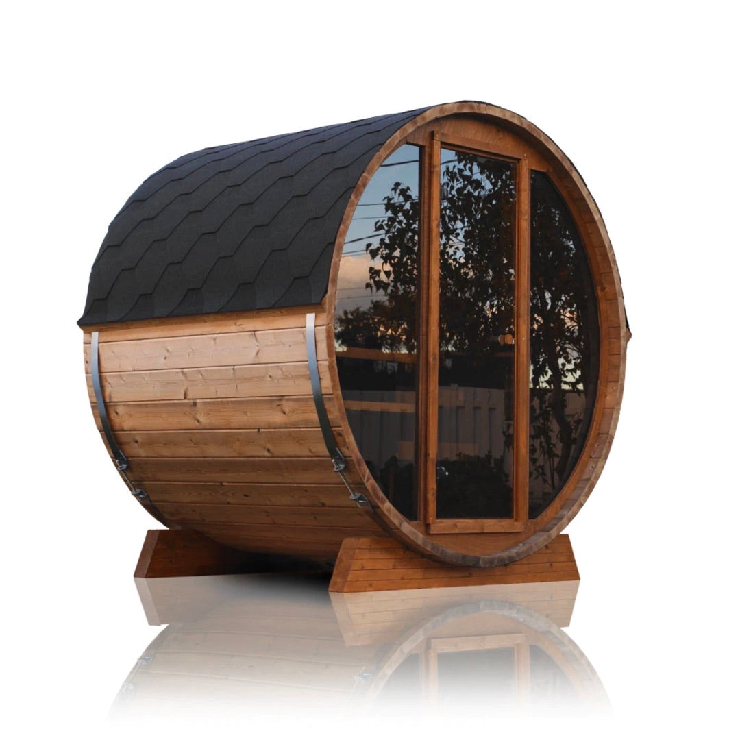 Compact Cedar Barrel Sauna with Panoramic Glass Front CSA-768 reference view 3