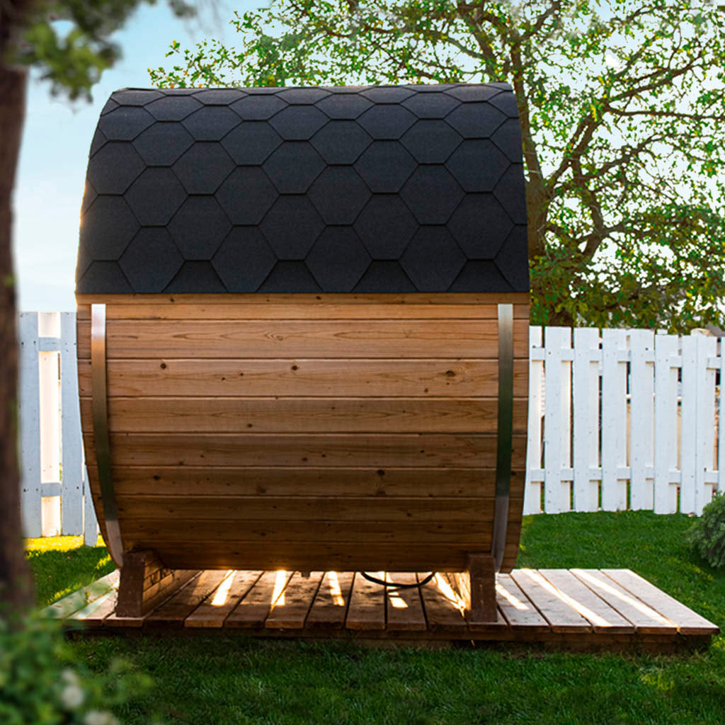 Compact Cedar Barrel Sauna with Panoramic Glass Front CSA-768 reference view 4