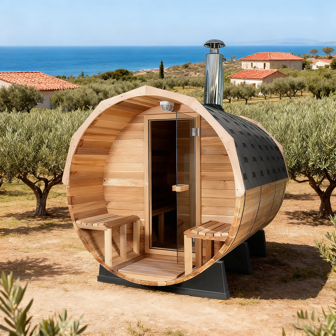 Six-to-Eight-Person Hemlock Barrel Sauna with Porch product image