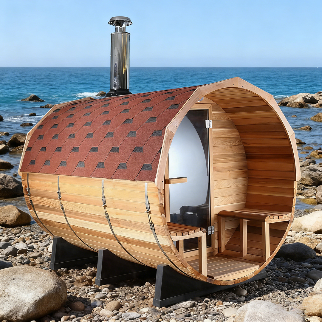 Six-to-Eight-Person Hemlock Barrel Sauna with Porch CSA-774 reference view 2