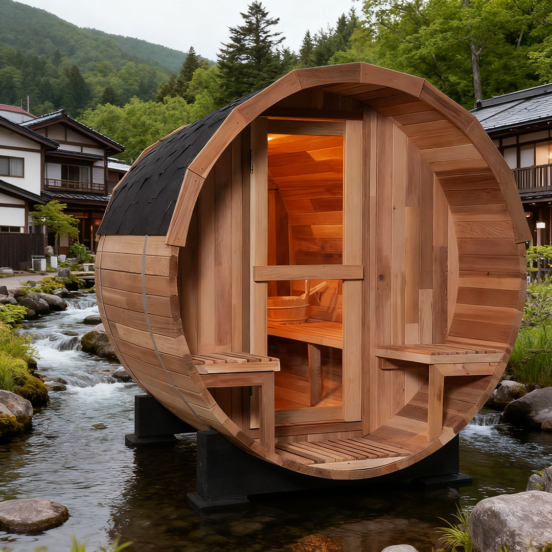 Six-to-Eight-Person Hemlock Barrel Sauna with Porch CSA-774 reference view 3