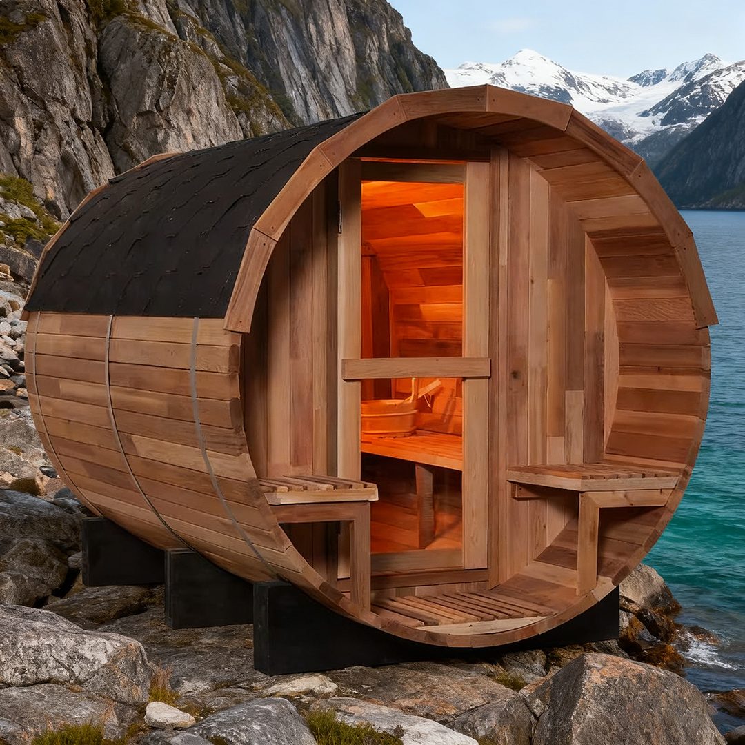 Six-to-Eight-Person Hemlock Barrel Sauna with Porch CSA-774 reference view 4