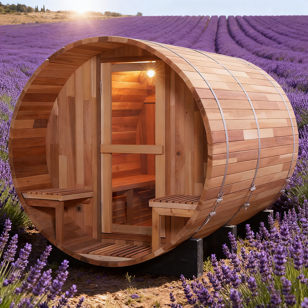 Six-to-Eight-Person Hemlock Barrel Sauna with Porch CSA-774 reference view 5