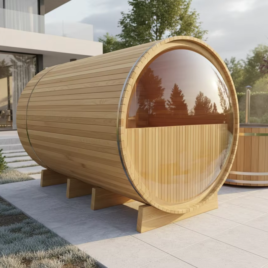 Acrylic Panorama Barrel Sauna with Half-Wall Front product image