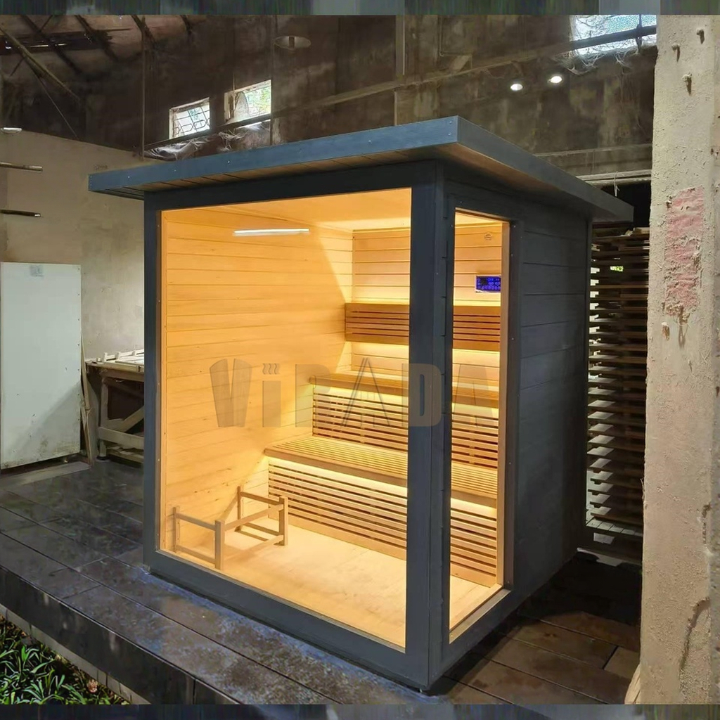 Compact Black Outdoor Sauna Cabin with Panoramic Door product image