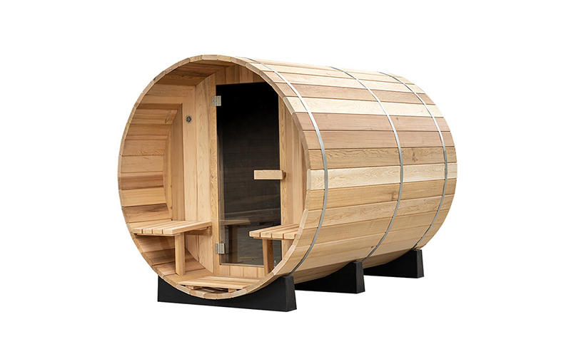 Red Cedar Outdoor Barrel Sauna with Porch angled exterior view