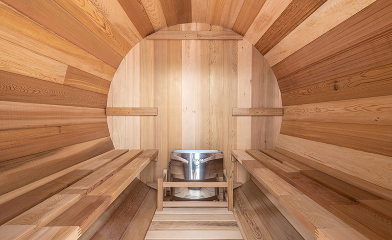 Red Cedar Outdoor Barrel Sauna with Porch interior bench layout